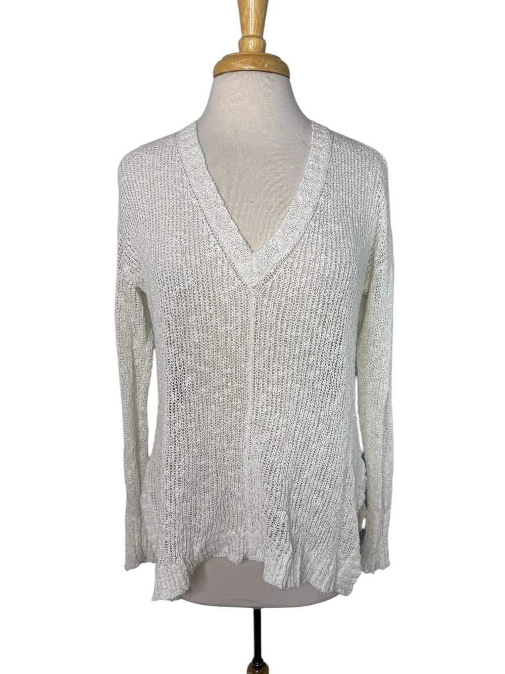 EILEEN FISHER Open Knit V-neck Pullover Sweater Snow White Sz Small Linen Blend